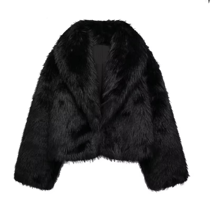 Black Faux Fur Coat for Women Autumn Winter Plush Wool Coats Black Wool & Blends Coats Outerwears Long Sleeve Warm Fur Coat