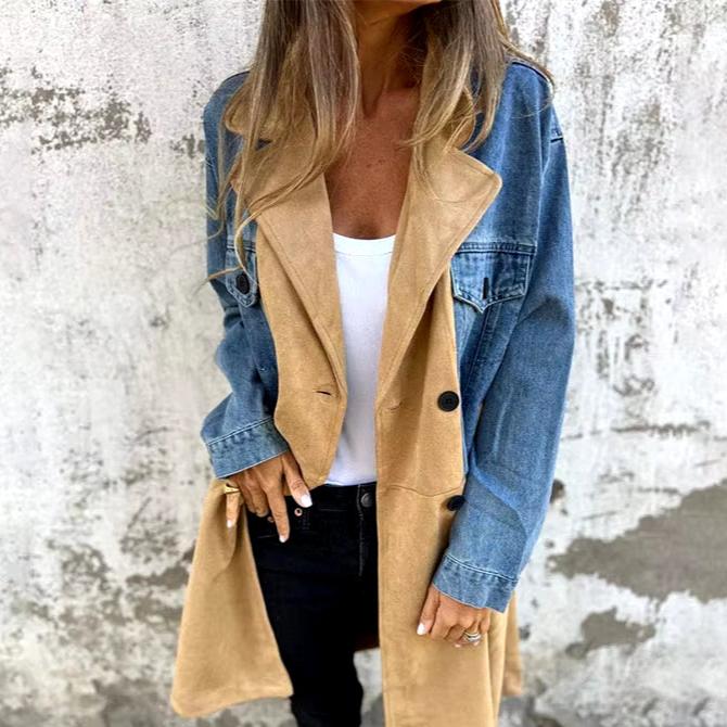 Womens Jacket Trench Coat with Denim Jeans Seams Mid Long Wind Coat Loose Long Sleeve Button down Denim Jacket Trench Coat