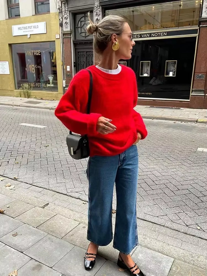 Basic Warm Red Knitted Pullover Women Casual round Neck Long Sleeve Loose Sweater 2024 New Autumn Female Commuting Street Jumper