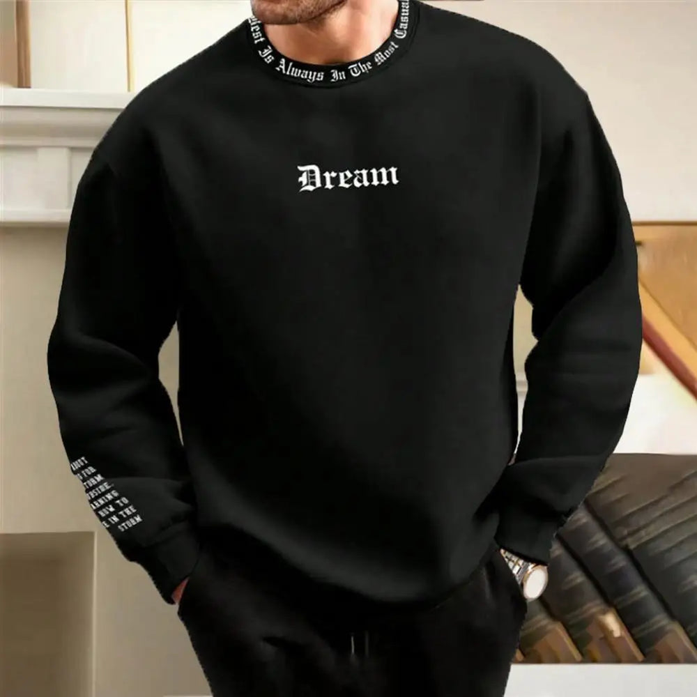 Men Fall Winter Sweatshirt round Neck Long Sleeve Men Top Letter Print Thick Loose Warm Mid Length Men Casual Top