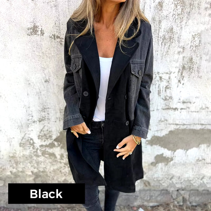 Womens Jacket Trench Coat with Denim Jeans Seams Mid Long Wind Coat Loose Long Sleeve Button down Denim Jacket Trench Coat