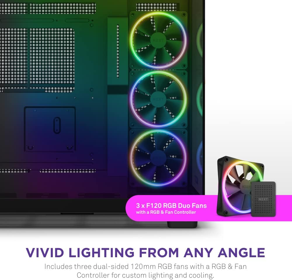 NZXT H9 Elite Dual-Chamber ATX Mid-Tower PC Gaming Case – Includes 3 x 120mm F120 RGB Duo Fans with Controller– Glass Front, Top & Side Panels 360mm Radiator Support Cable Management Black