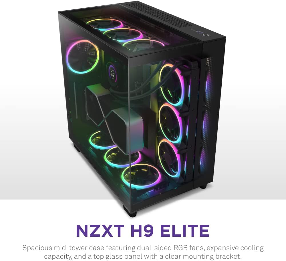 NZXT H9 Elite Dual-Chamber ATX Mid-Tower PC Gaming Case – Includes 3 x 120mm F120 RGB Duo Fans with Controller– Glass Front, Top & Side Panels 360mm Radiator Support Cable Management Black