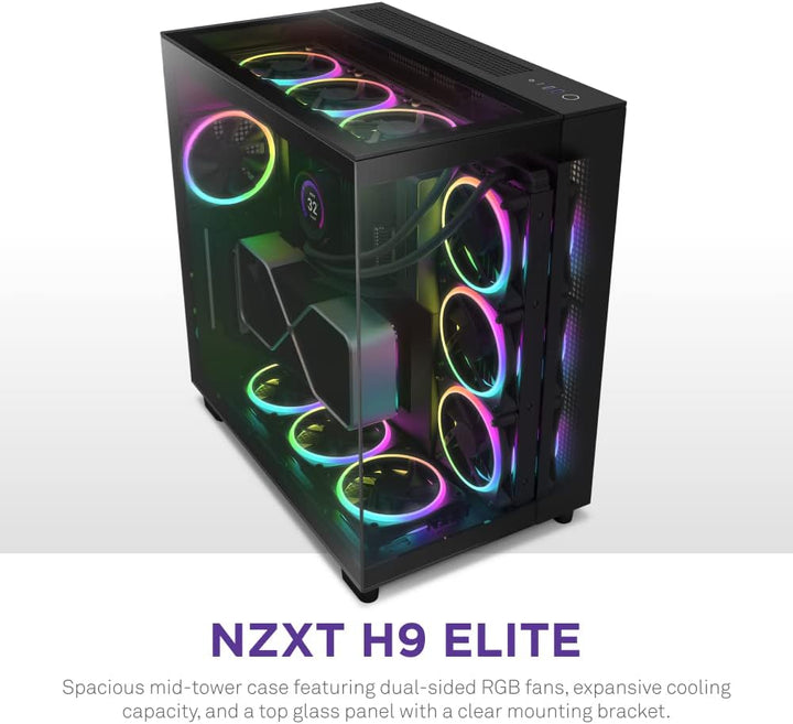 NZXT H9 Elite Dual-Chamber ATX Mid-Tower PC Gaming Case – Includes 3 x 120mm F120 RGB Duo Fans with Controller– Glass Front, Top & Side Panels 360mm Radiator Support Cable Management Black