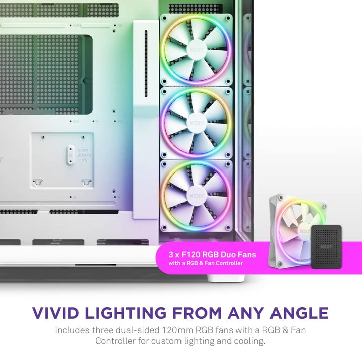 NZXT H9 Elite Dual-Chamber ATX Mid-Tower PC Gaming Case – Includes 3 x 120mm F120 RGB Duo Fans with Controller– Glass Front, Top & Side Panels 360mm Radiator Support Cable Management White