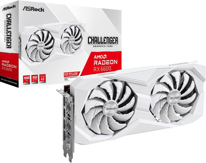ASRock AMD Radeon RX 6600 Challenger White 8GB GDDR6 Graphics Card 0dB Silent Cooling 128-bit 7680 x 4320 DisplayPort HDMI 14 Gbps Dual Fan 7nm