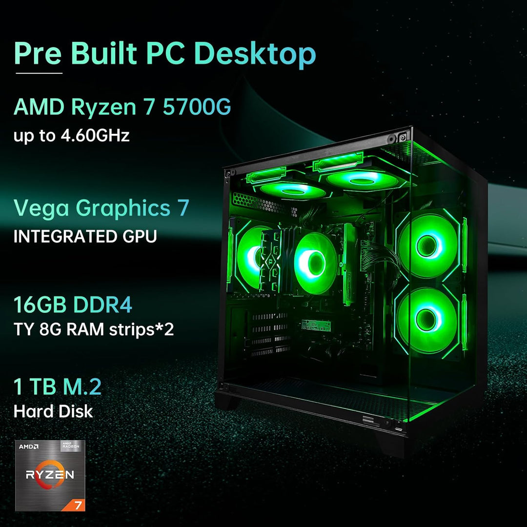 Computer Desktop PC AMD Ryzen 7 5700G Up to 4.6GHz Prebuilt PC 16G RAM DDR4 1TB M.2 SSD ARGB Fan Computer Tower