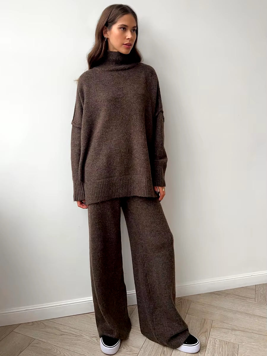 High-Necked Sweater and Wide Leg Pant Winter Wome Suit Loose Knit Pullover Top and Long Trouser Two Piece Set Casual Outfits