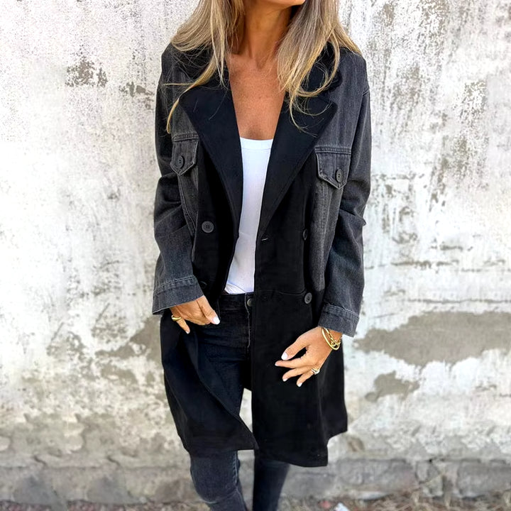 Womens Jacket Trench Coat with Denim Jeans Seams Mid Long Wind Coat Loose Long Sleeve Button down Denim Jacket Trench Coat