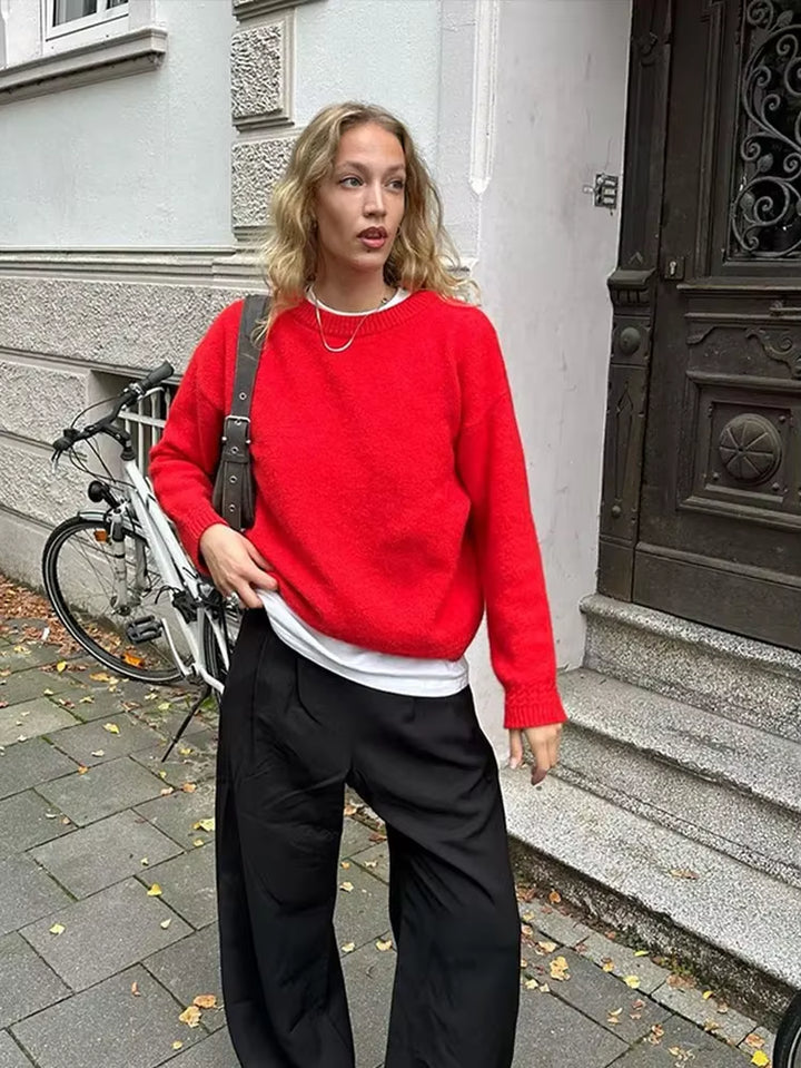 Basic Warm Red Knitted Pullover Women Casual round Neck Long Sleeve Loose Sweater 2024 New Autumn Female Commuting Street Jumper