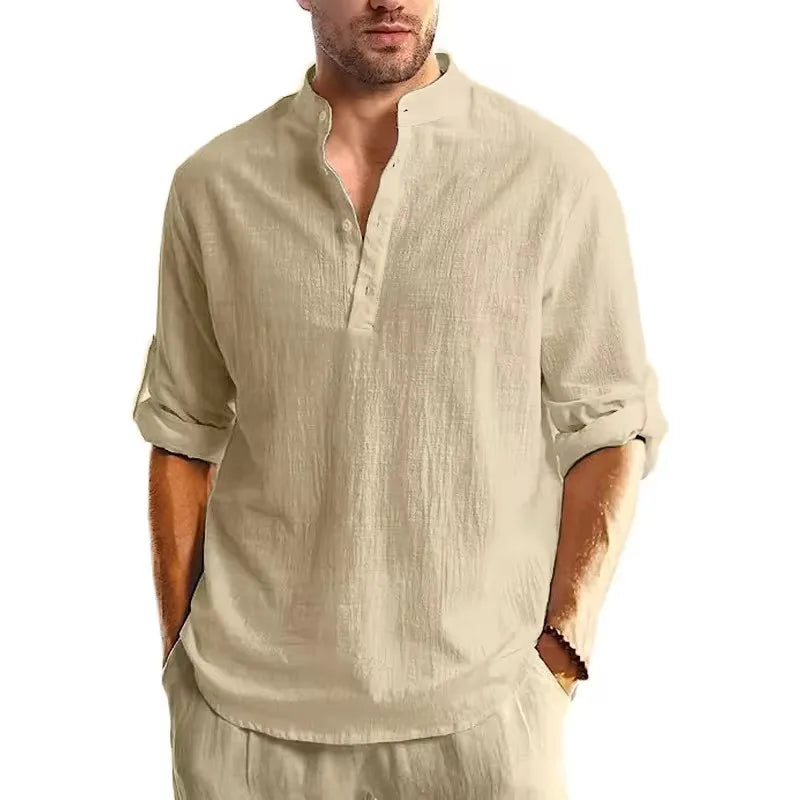 New Long Sleeve Henley Shirt Men Cotton Lightweight T-Shirts Men Breathable Streetwear Solid Color Business Button Polo Shirts
