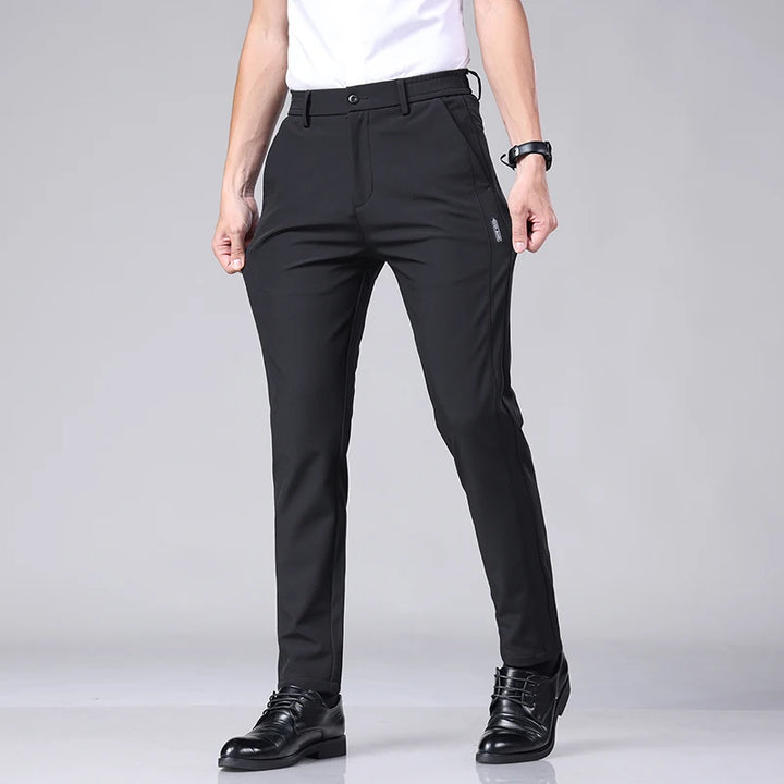 Ultra-thin Elastic Men's Casual Trousers Summer Quick-drying Ice Silk Slim Straight Business Solid Color Trousers Black Gray