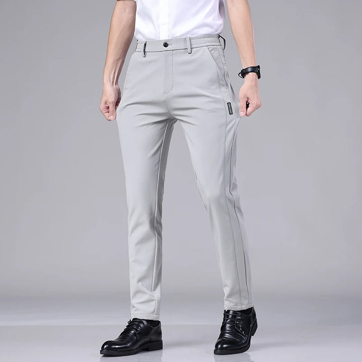 Ultra-thin Elastic Men's Casual Trousers Summer Quick-drying Ice Silk Slim Straight Business Solid Color Trousers Black Gray