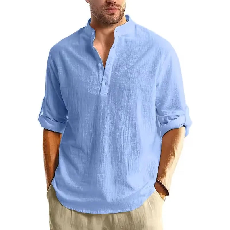 New Long Sleeve Henley Shirt Men Cotton Lightweight T-Shirts Men Breathable Streetwear Solid Color Business Button Polo Shirts