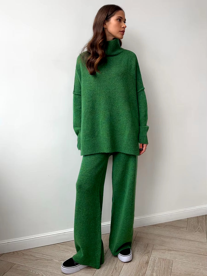 High-Necked Sweater and Wide Leg Pant Winter Wome Suit Loose Knit Pullover Top and Long Trouser Two Piece Set Casual Outfits