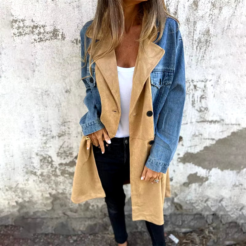 Womens Jacket Trench Coat with Denim Jeans Seams Mid Long Wind Coat Loose Long Sleeve Button down Denim Jacket Trench Coat