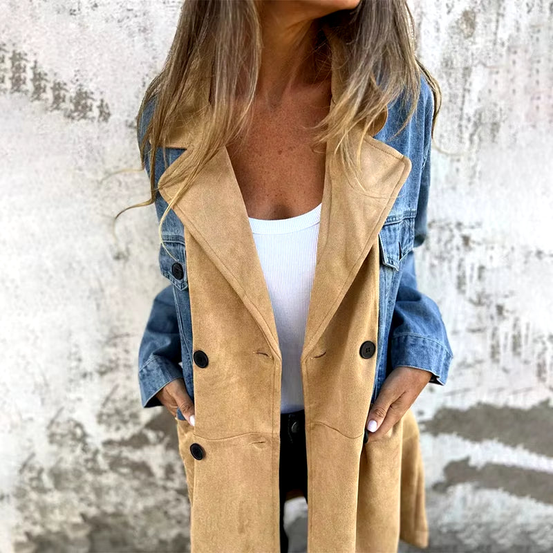 Womens Jacket Trench Coat with Denim Jeans Seams Mid Long Wind Coat Loose Long Sleeve Button down Denim Jacket Trench Coat