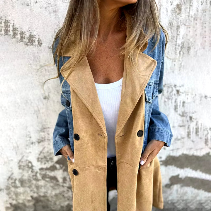 Womens Jacket Trench Coat with Denim Jeans Seams Mid Long Wind Coat Loose Long Sleeve Button down Denim Jacket Trench Coat