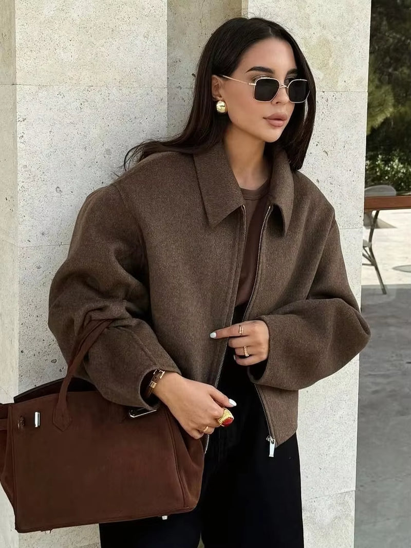 Fashion Brown Zipper Woolen Jacket for Women Elegant Lapel Long Sleeve Short Coats Female Vintage Autumn Lady Street Outerwear