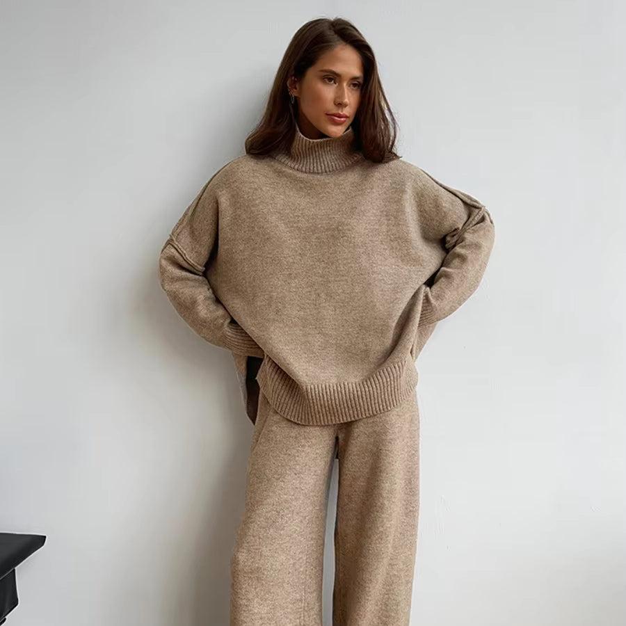 High-Necked Sweater and Wide Leg Pant Winter Wome Suit Loose Knit Pullover Top and Long Trouser Two Piece Set Casual Outfits