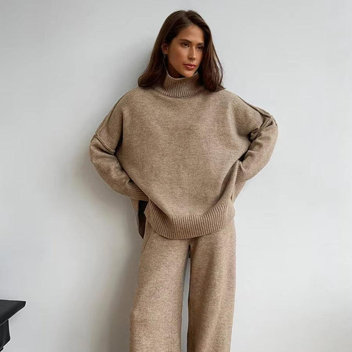 High-Necked Sweater and Wide Leg Pant Winter Wome Suit Loose Knit Pullover Top and Long Trouser Two Piece Set Casual Outfits